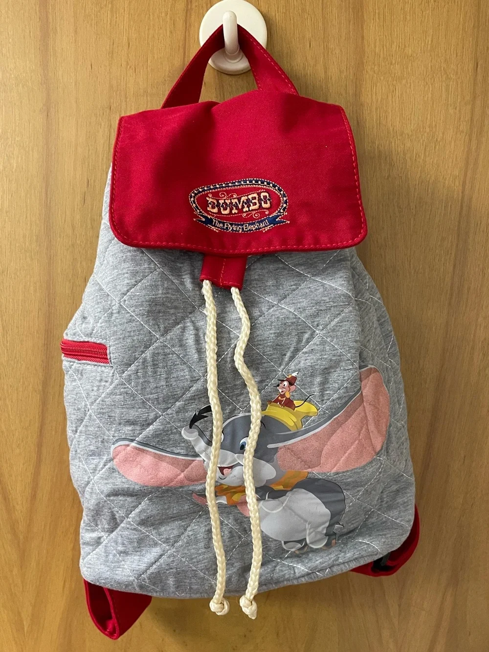 Disney Parks Dumbo Quilted Drawstring Backpack in Gray and Red Small